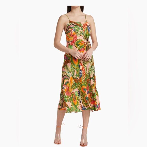 FARM RIO NWT Macaw Leaves Cut-Out Midi Dress Size L $225.00 NWT - Picture 2 of 10